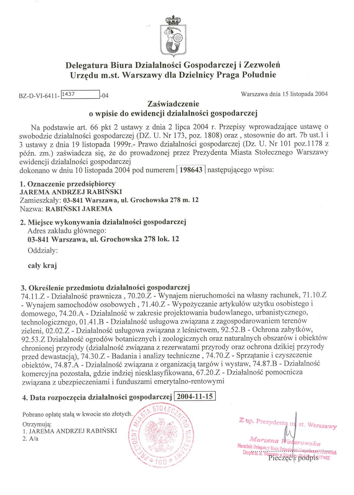 WPIS DO EWIDENCJI DZIA£ALNO¦CI