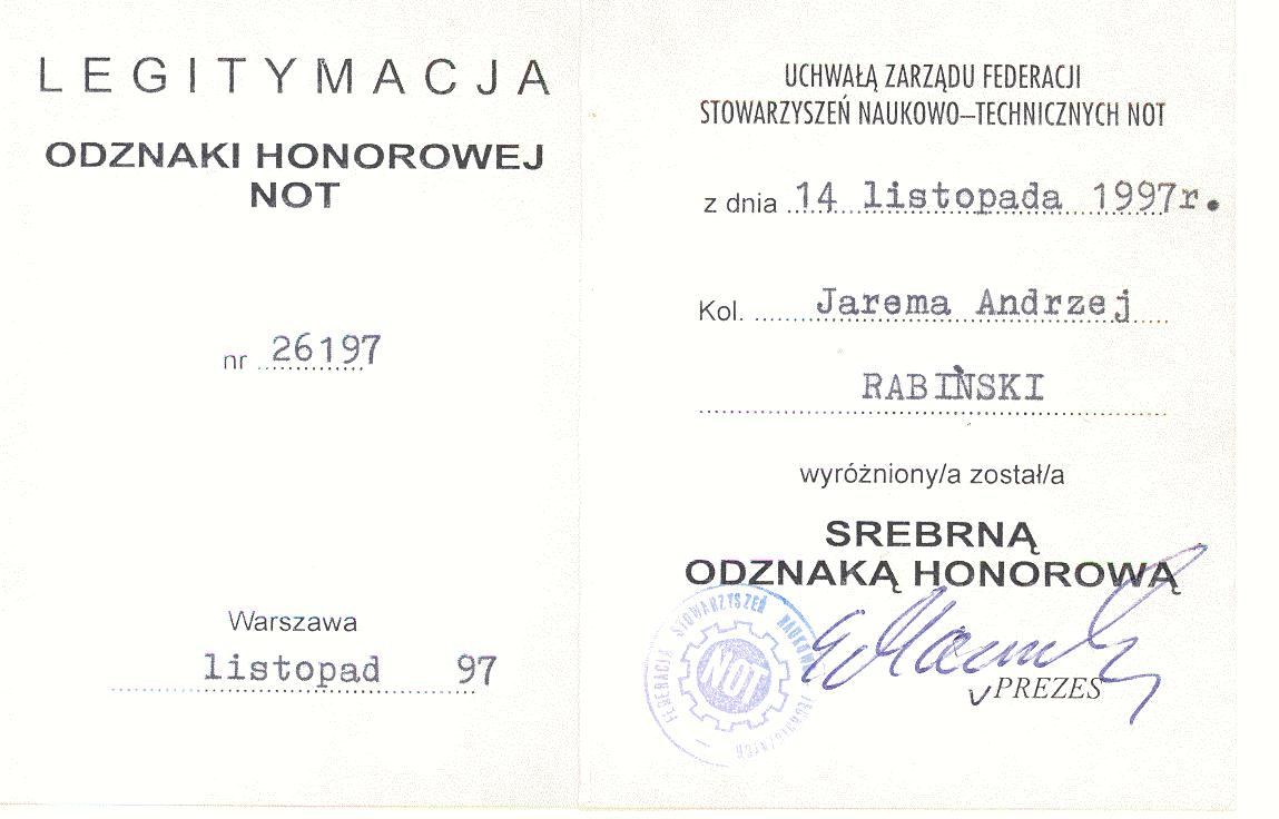ODZNAKA HONOROWA NOT
