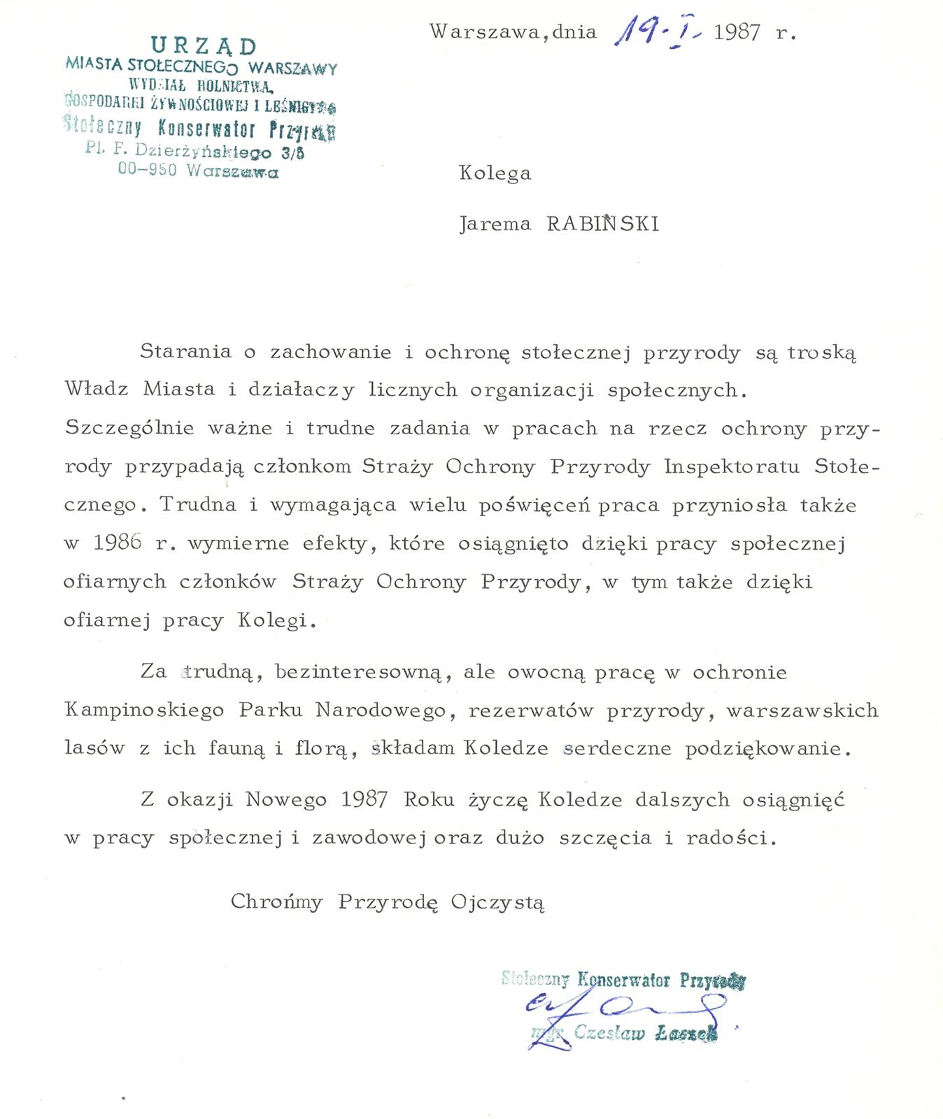 PODZIEKOWANIE KONSERWATORA PRZYRODY 1987