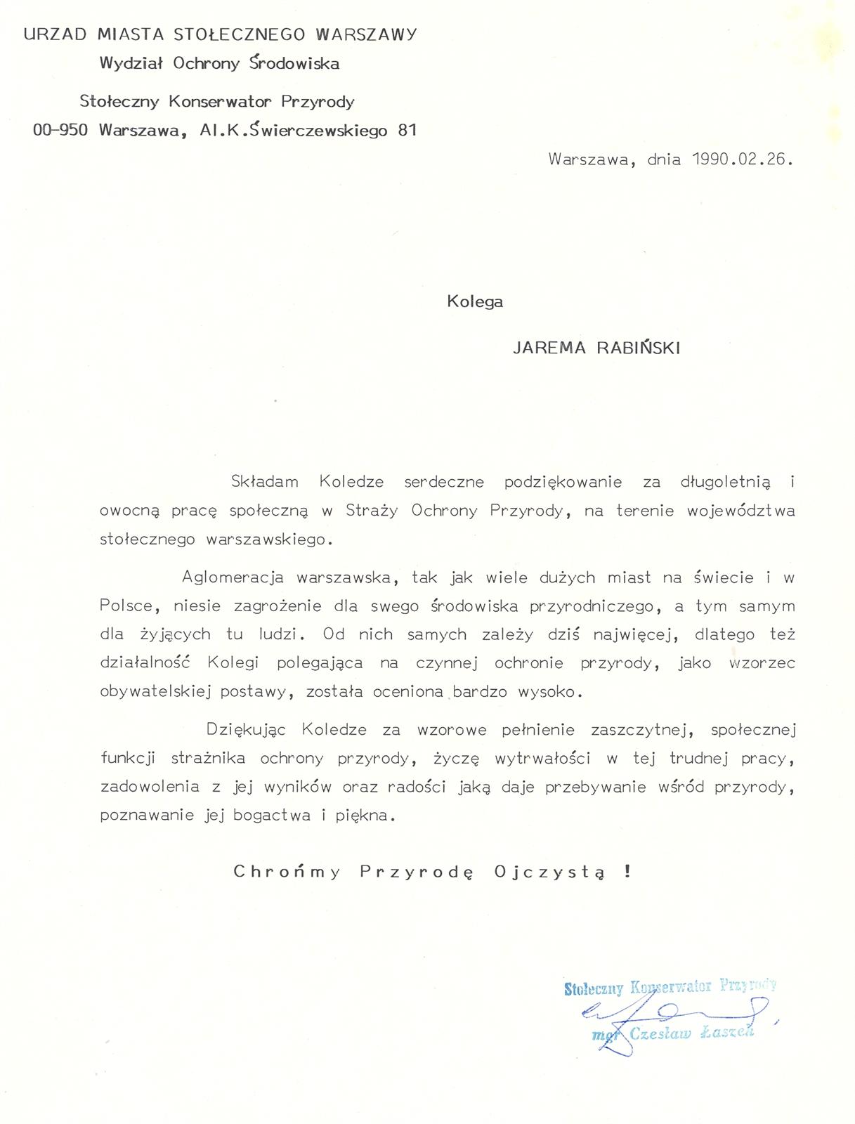PODZIEKOWANIE KONSERWATORA PRZYRODY 1990