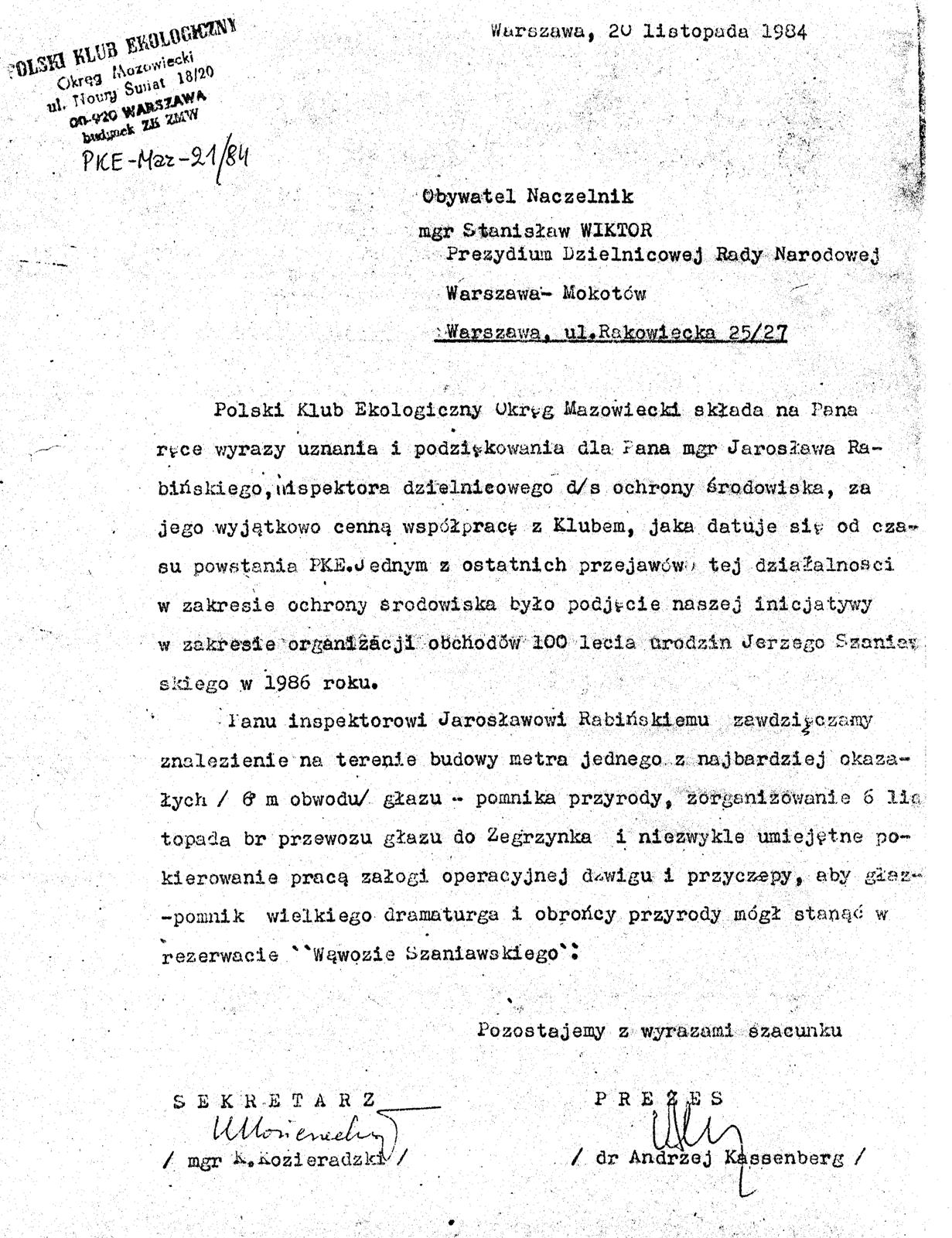 PODZIEKOWANIE  POLSKIEGO KLUBU EKOLOGICZNEGO