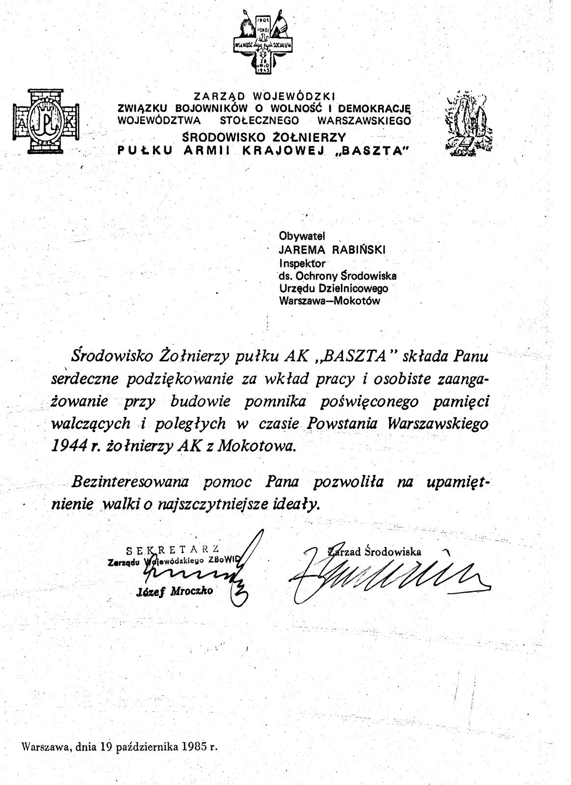 PODZIEKOWANIE  ¦RODOWISKA  ARMII KRAJOWEJ