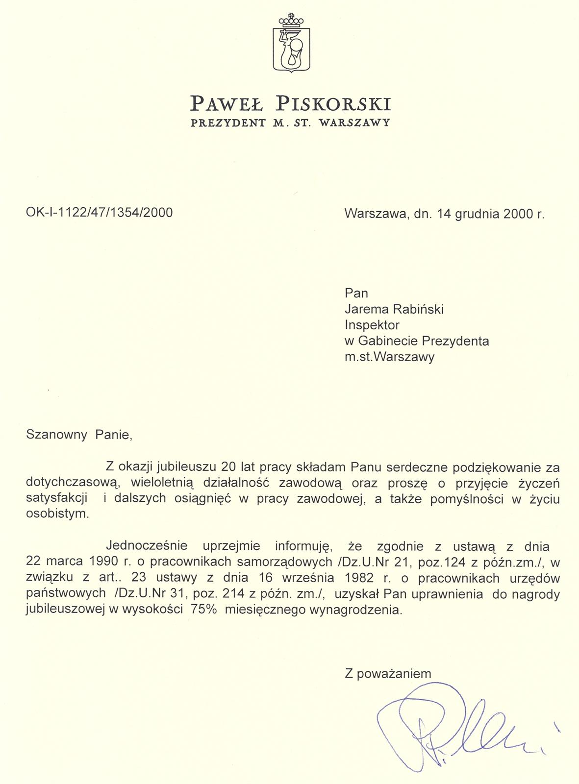 PODZIEKOWANIE PREZYDENTA  M. ST. W-WY