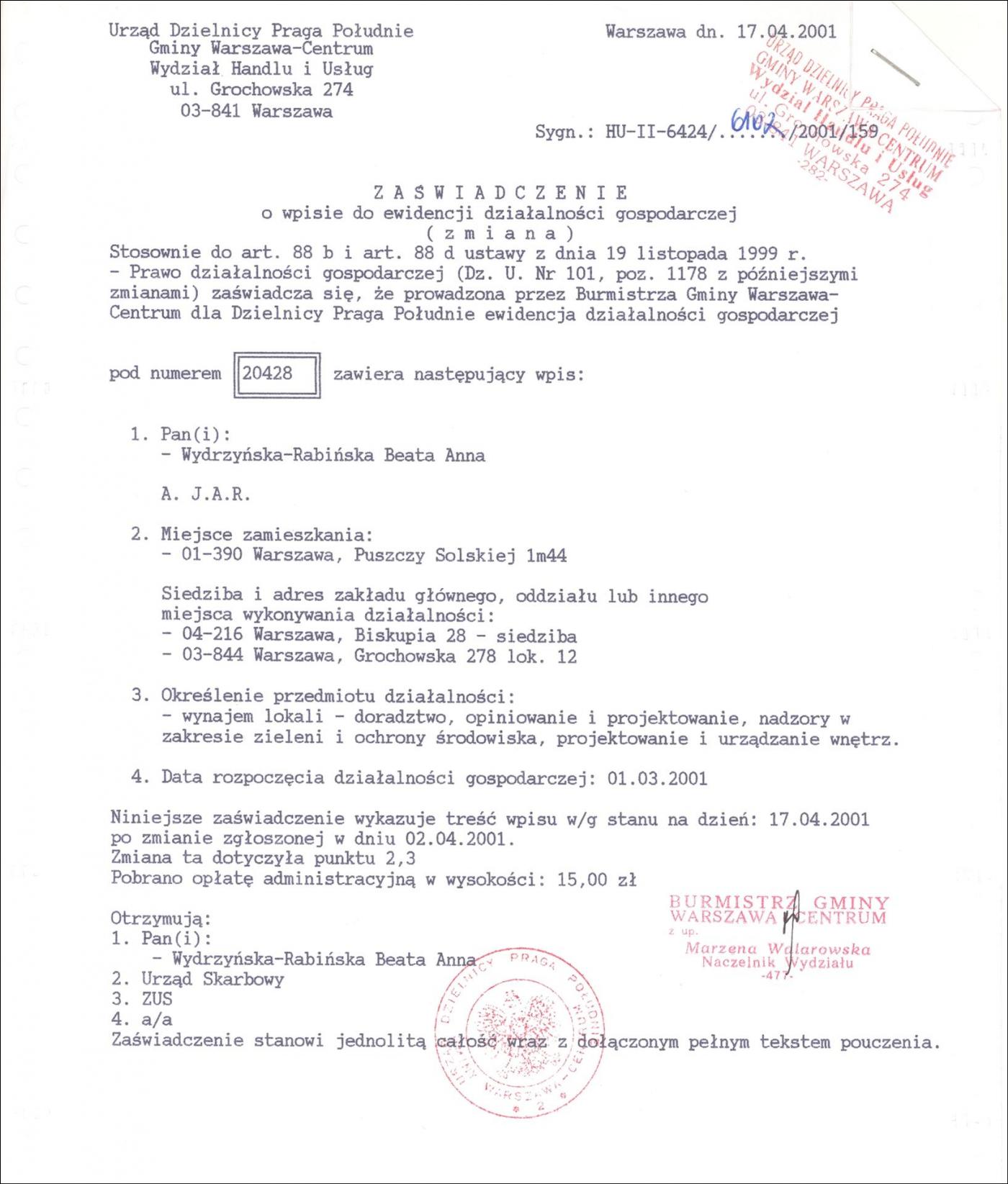 WPIS DO EWIDENCJI DZIA£ALNO¦CI